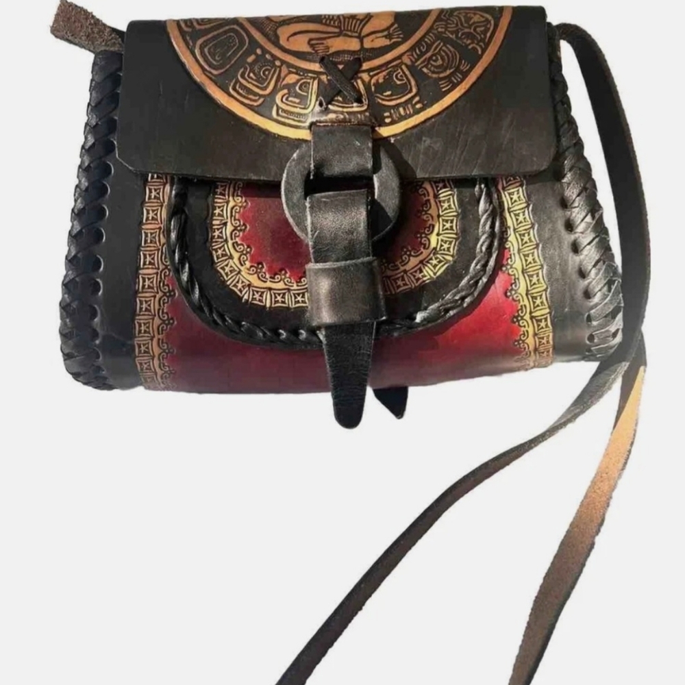 Aztec Artisan Black and Red Leather Crossbody Bag Handmade In Mexico